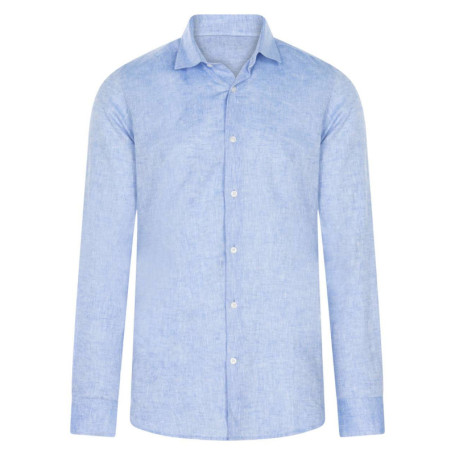 Chemise en lin et coton bleue chiné avec un col...