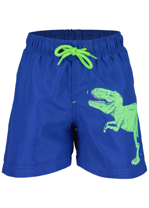 Short de bain bleu électrique uni avec imprimé dinosaure vert sur le côté