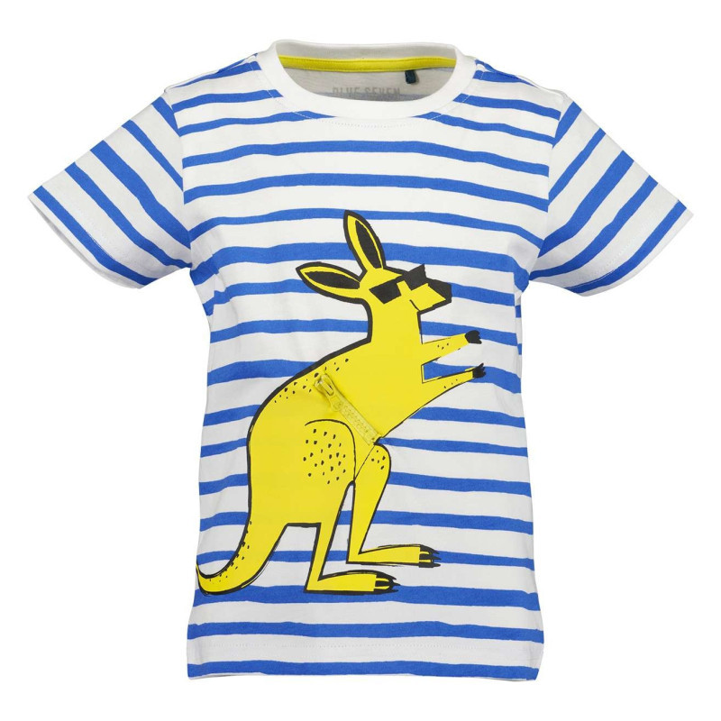 Blue Seven - T-shirt En Coton Blanc Avec Des Rayures Bleues Et Un Kangourou Jaune à Lunettes - Blanc Blue Seven - T-shirt En Coton Blanc Avec Des Rayures Bleues Et Un Kangourou Jaune à Lunettes - Blanc