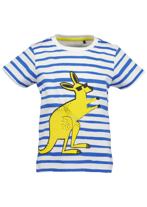 T-shirt en coton blanc avec des rayures bleues et un kangourou jaune à lunettes