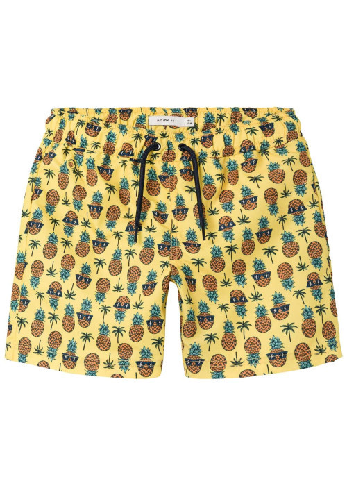 Short de bain jaune imprimé ananas avec une taille élastiquée et un lien