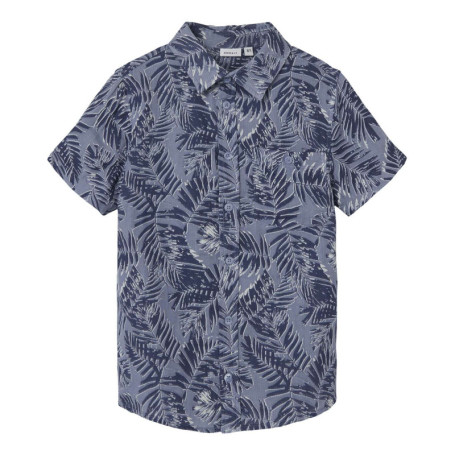 Chemise en coton bleue imprimée de feuilles...