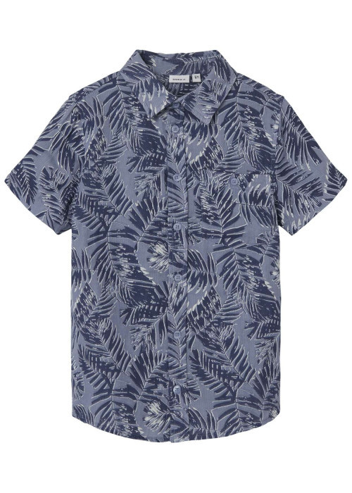 Chemise en coton bleue imprimée de feuilles avec une coupe droite