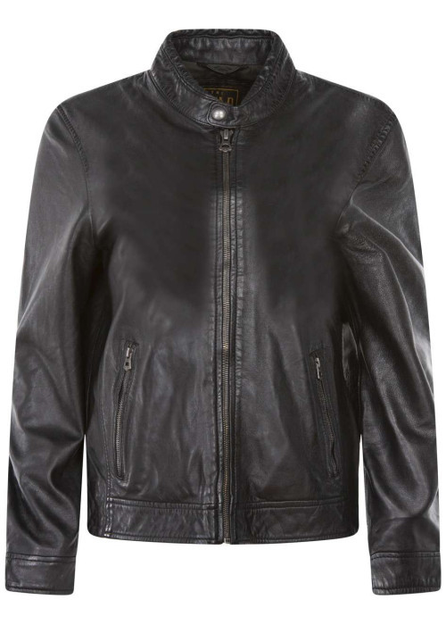 Blouson en cuir noir uni avec une coupe droite...