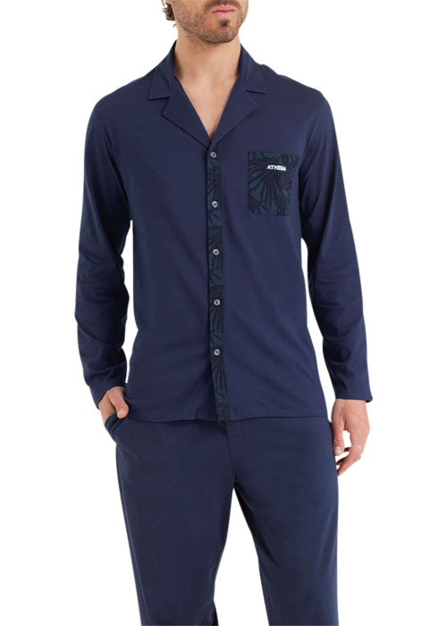 Pyjama long en coton marine imprimé feuille à coupe droite et col cranté