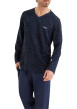 Thumbnail Pyjama long en coton marine imprimé feuille à coupe droite et col V
