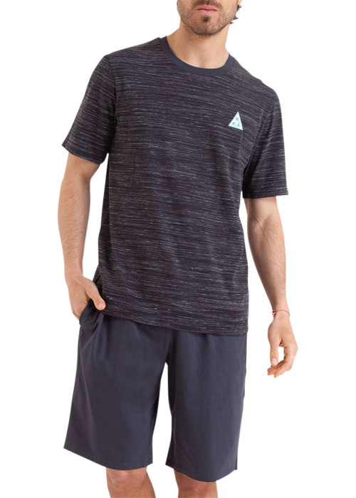 Pyjama court en coton anthracite chiné avec une coupe droite et un col rond