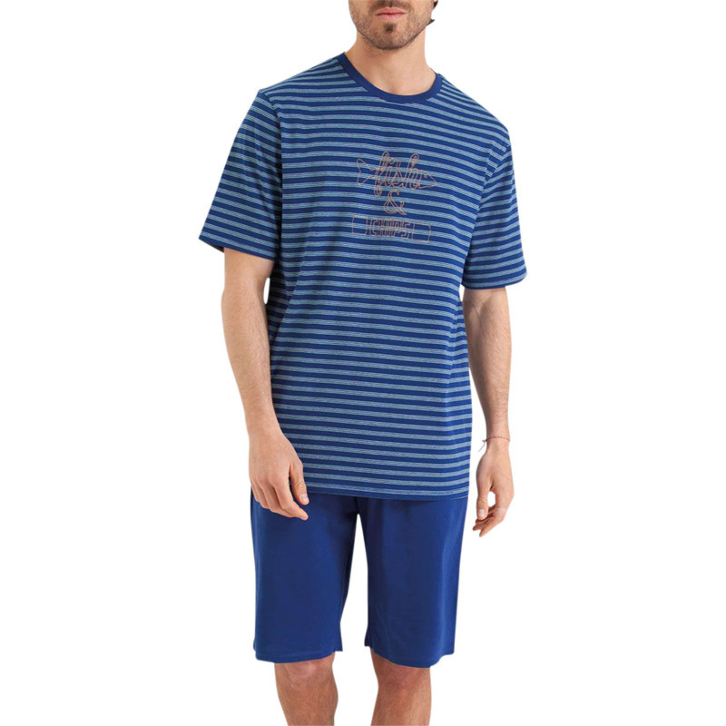 Athéna - Pyjama Court En Coton Bleu Nuit Rayé Avec Une Coupe Droite Et Un Col Rond - Nuit Athéna - Pyjama Court En Coton Bleu Nuit Rayé Avec Une Coupe Droite Et Un Col Rond - Nuit