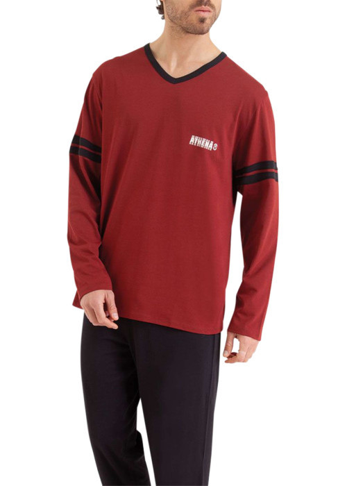 Pyjama long en coton brique uni avec une coupe droite et un col V