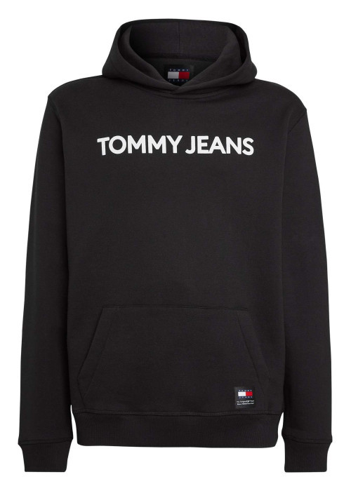 Sweat en coton noir uni coupe droite avec un col à capuche et étiquette
