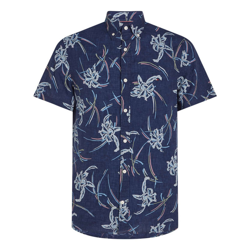 Tommy Hilfiger - Chemise En Lin Marine Fleurie Avec Une Coupe Slim Et Un Col Anglais - Marine