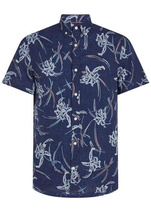 Chemise en lin marine fleurie avec une coupe slim et un col anglais