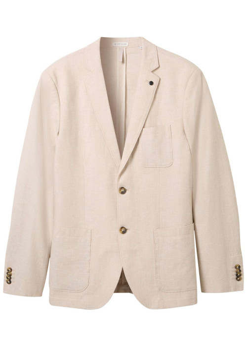Blazer en coton et lin mélangé camel uni coupe droite col cubain