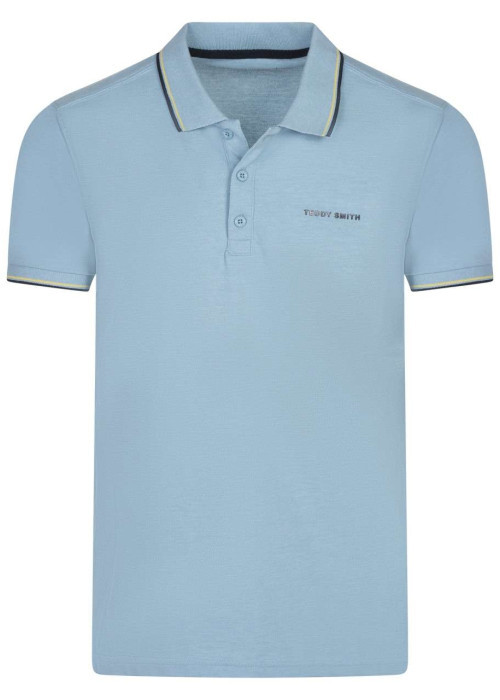 Polo en coton bleu uni avec une coupe droite liseré sur le col et les manches