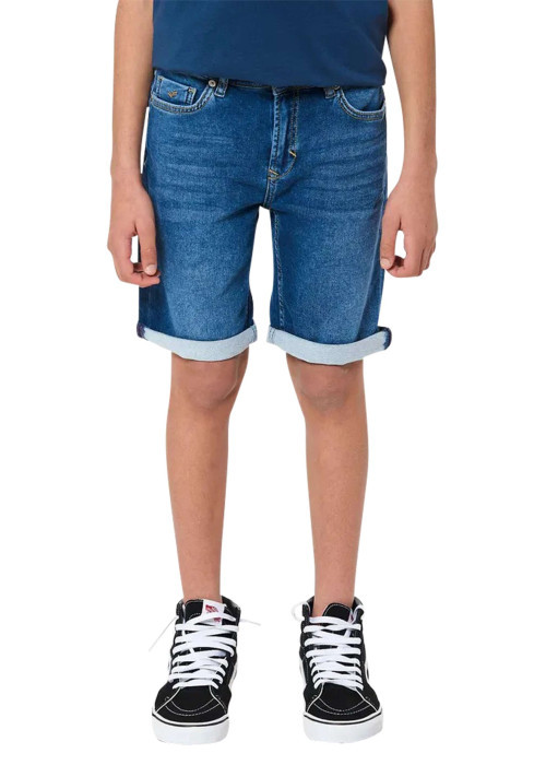Short en coton indigo uni avec une coupe droite et plusieurs poches