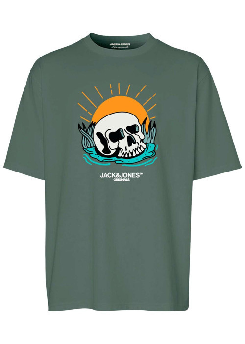 T-shirt en coton kaki uni coupe droite avec un col rond et flocage poitrine
