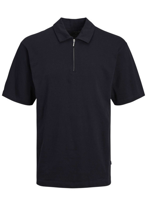 Polo en coton noir uni coupe droite avec un col français et 1/2 zip