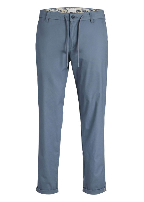 Pantalon en coton bleu imprimé avec une coupe chino et poches latérales