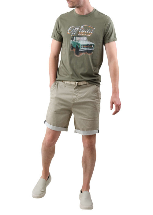 T-shirt en coton kaki imprimé voiture avec une coupe droite et un col rond
