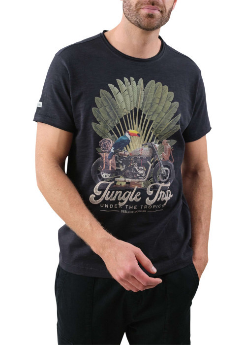 T-shirt en coton anthracite imprimé jungle avec une coupe droite et un col rond