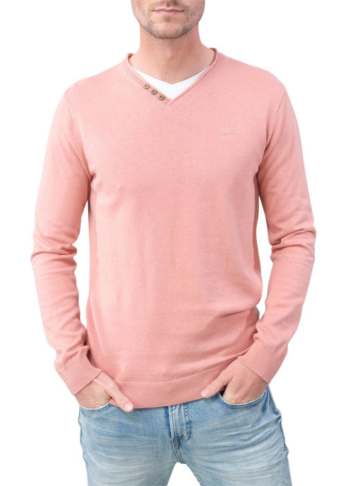 Pull en coton mélangé pêche chiné avec une coupe droite et un col v