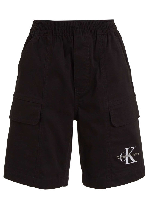 Short en coton noir uni avec une coupe cargo et une ceinture élastiquée