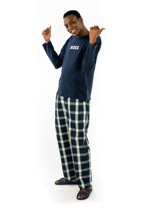 Pyjama Long en coton marine à carreaux avec une taille élastiquée