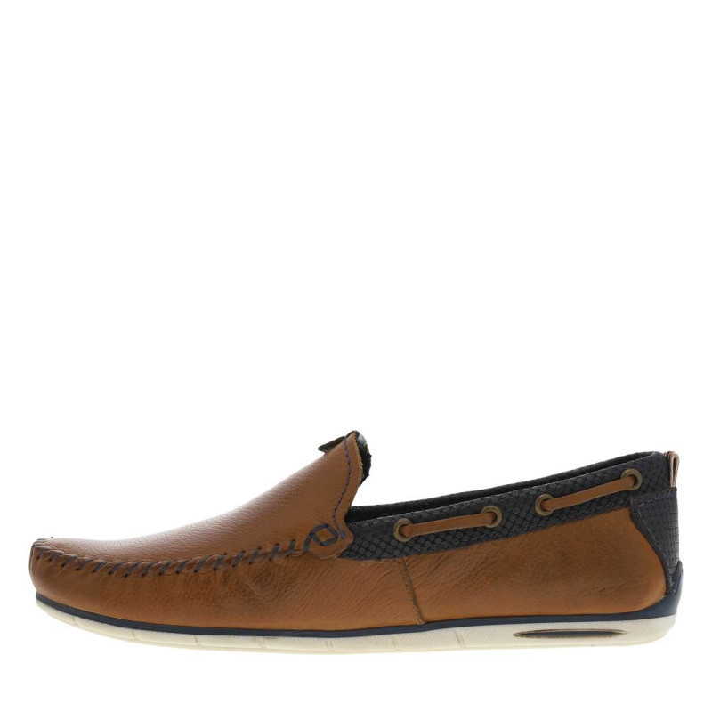 Bugatti - Mocassins En Cuir Cognac Et Marine Style Bateau Avec Lacets Décoratifs - Cognac Bugatti - Mocassins En Cuir Cognac Et Marine Style Bateau Avec Lacets Décoratifs - Cognac