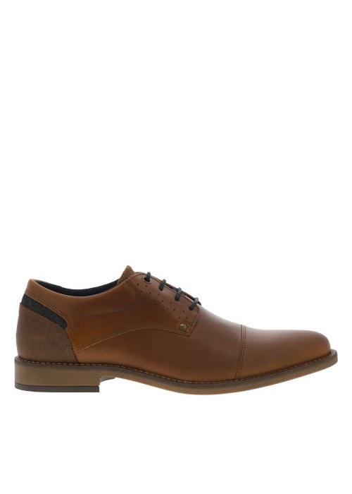 Derbies en cuir cognac et marine à talon plat avec des lacets ronds