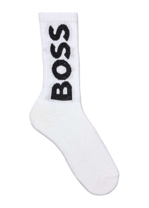 Chaussettes hautes en coton mélangé blanches unie avec gros logo noir