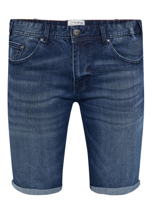Short en jean en coton mélangé indigo avec un aspect délavé et une coupe longue