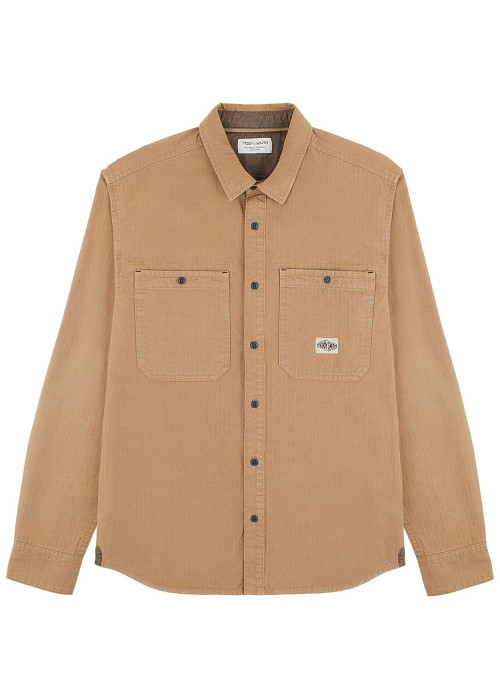 Chemise en coton beige unie à coupe droite et un col français