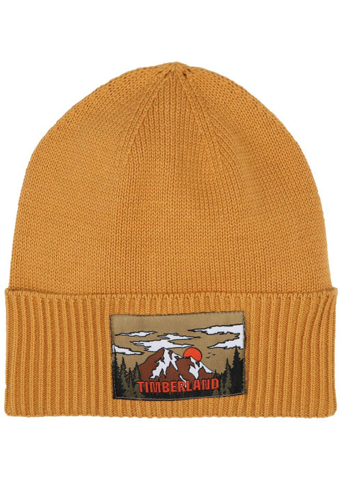 Bonnet en coton ocre uni avec un revers et le nom de la marque