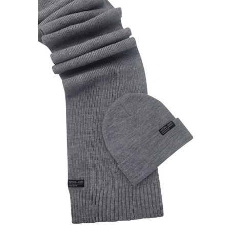 Coffret bonnet et écharpe gris unis à revers et...