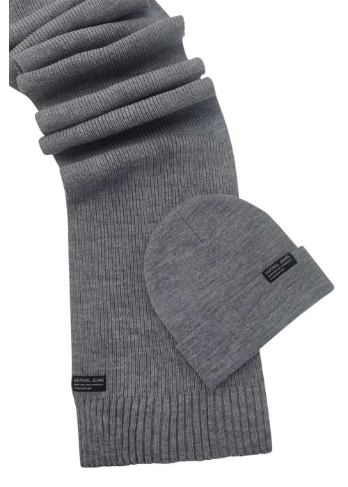 Coffret bonnet et écharpe gris unis à revers et...