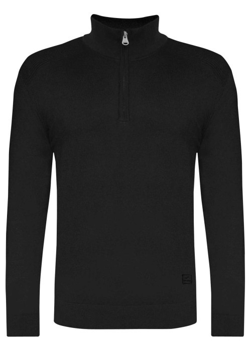 Pull noir uni avec une coupe droite et un col camionneur à fermeture demi-zip