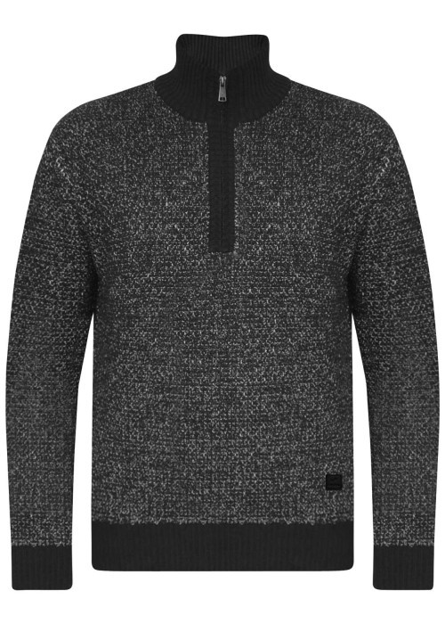 Pull en coton noir chiné avec une coupe droite et un col camionneur demi-zip