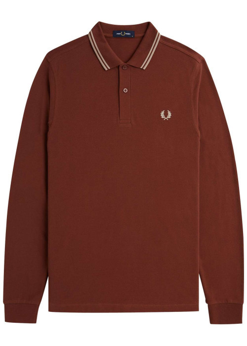 Polo en maille piquée camel à col à revers boutonné et à manches longues