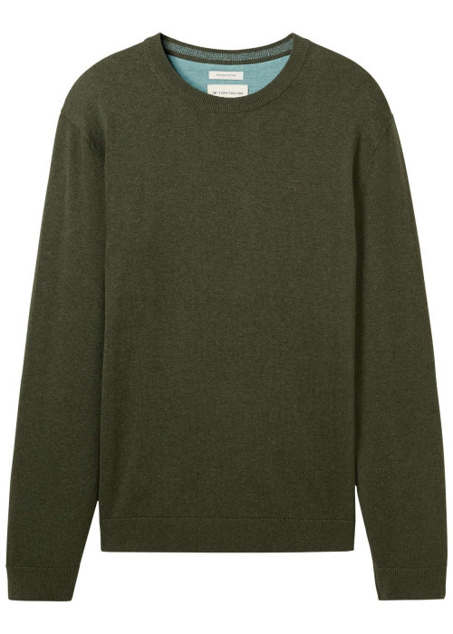 Pull en coton kaki uni avec une coupe droite un col rond et logo brodé
