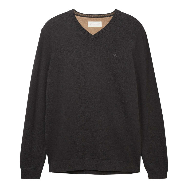 Tom Tailor - Pull En Coton Anthracite Uni Avec Une Coupe Droite Et Un Col En V - Anthracite Tom Tailor - Pull En Coton Anthracite Uni Avec Une Coupe Droite Et Un Col En V - Anthracite