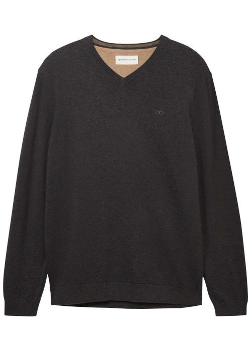 Pull en coton anthracite uni avec une coupe droite et un col en V