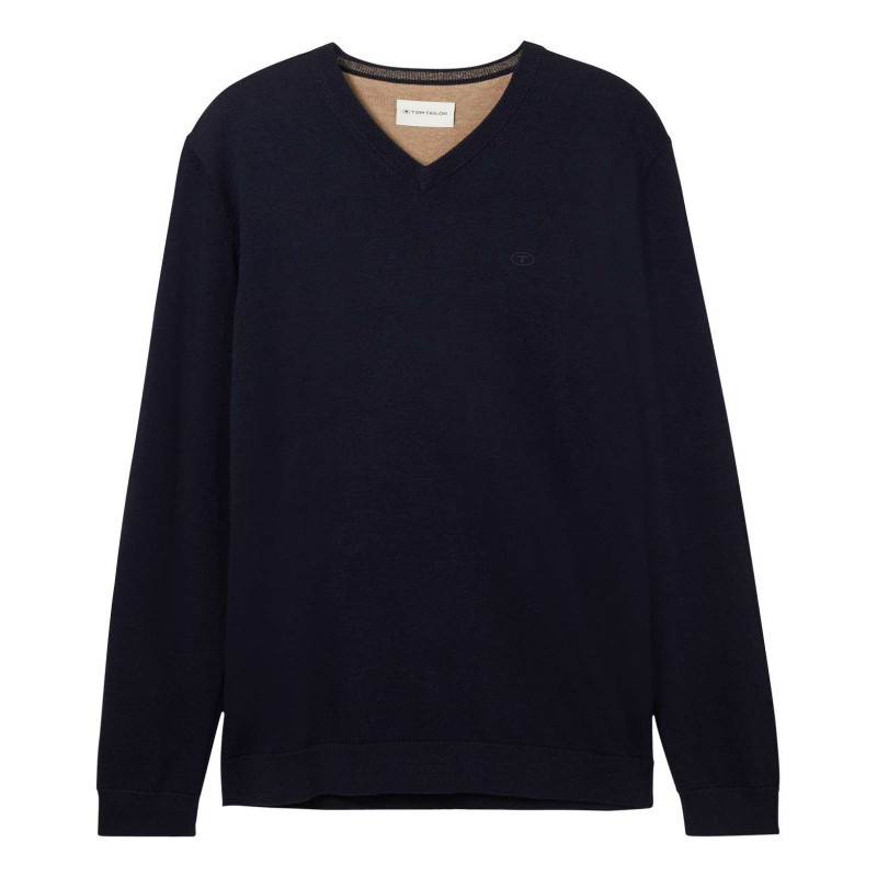 Tom Tailor - Pull En Coton Marine Uni Avec Une Coupe Droite Et Un Col En V - Marine Tom Tailor - Pull En Coton Marine Uni Avec Une Coupe Droite Et Un Col En V - Marine