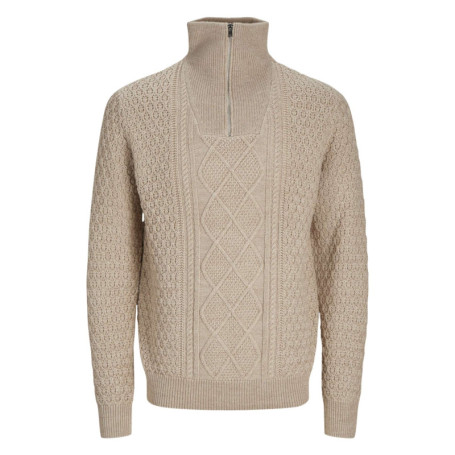 Pull beige en point perles à coupe droite col...