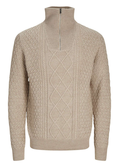 Pull beige en point perles à coupe droite col camionneur et à manches longues