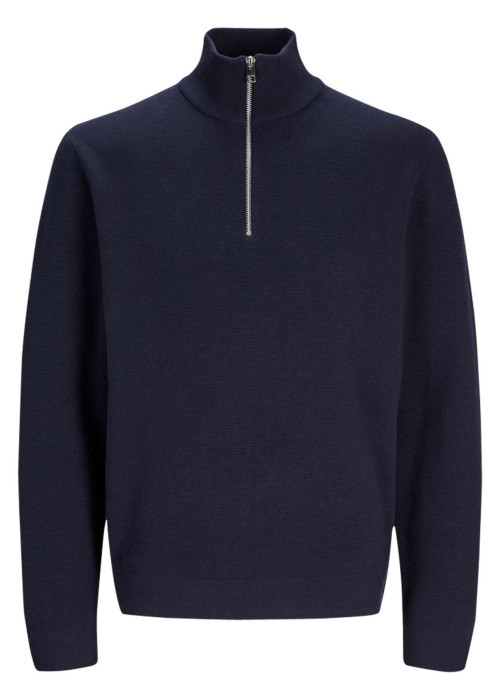 Pull en coton biologique mélangé marine uni à coupe droite et col camionneur