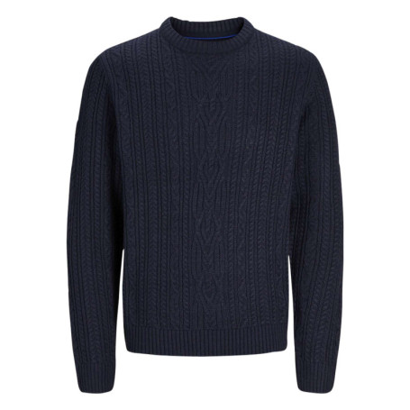 Pull marine en maille torsadée à col rond et à...