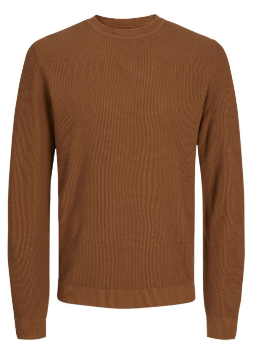 Pull en coton camel uni effet texturée avec une coupe droite et un col rond