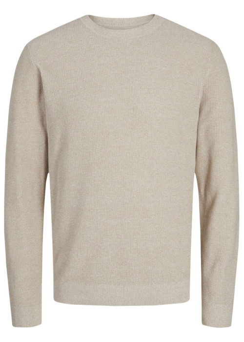 Pull en coton beige uni effet texturée avec une coupe droite et un col rond