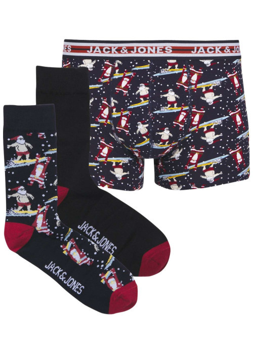 Coffret de Noël chaussettes et boxer en coton bleus nuit à motifs père Noël