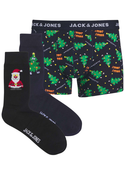 Coffret de Noël chaussettes et boxer en coton bleus nuit à motifs de Noël